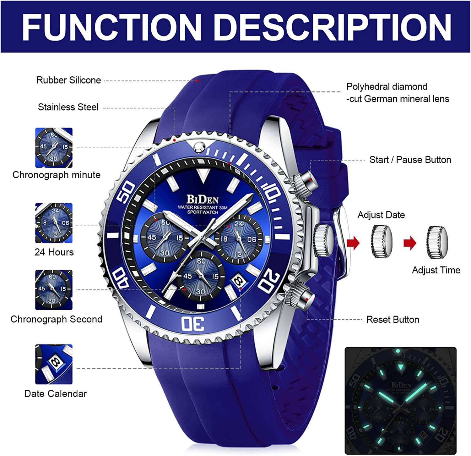 BIDEN Mens Watches Chronograph Stainless Steel Waterproof Date Analog Quartz Watch Business Wrist Watches for Men - Image 6